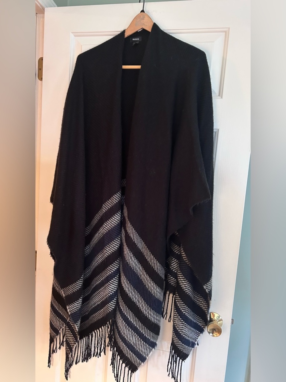 MODENA Dark Blue Striped Fringe Poncho - Lightweight Open Front, One Size.